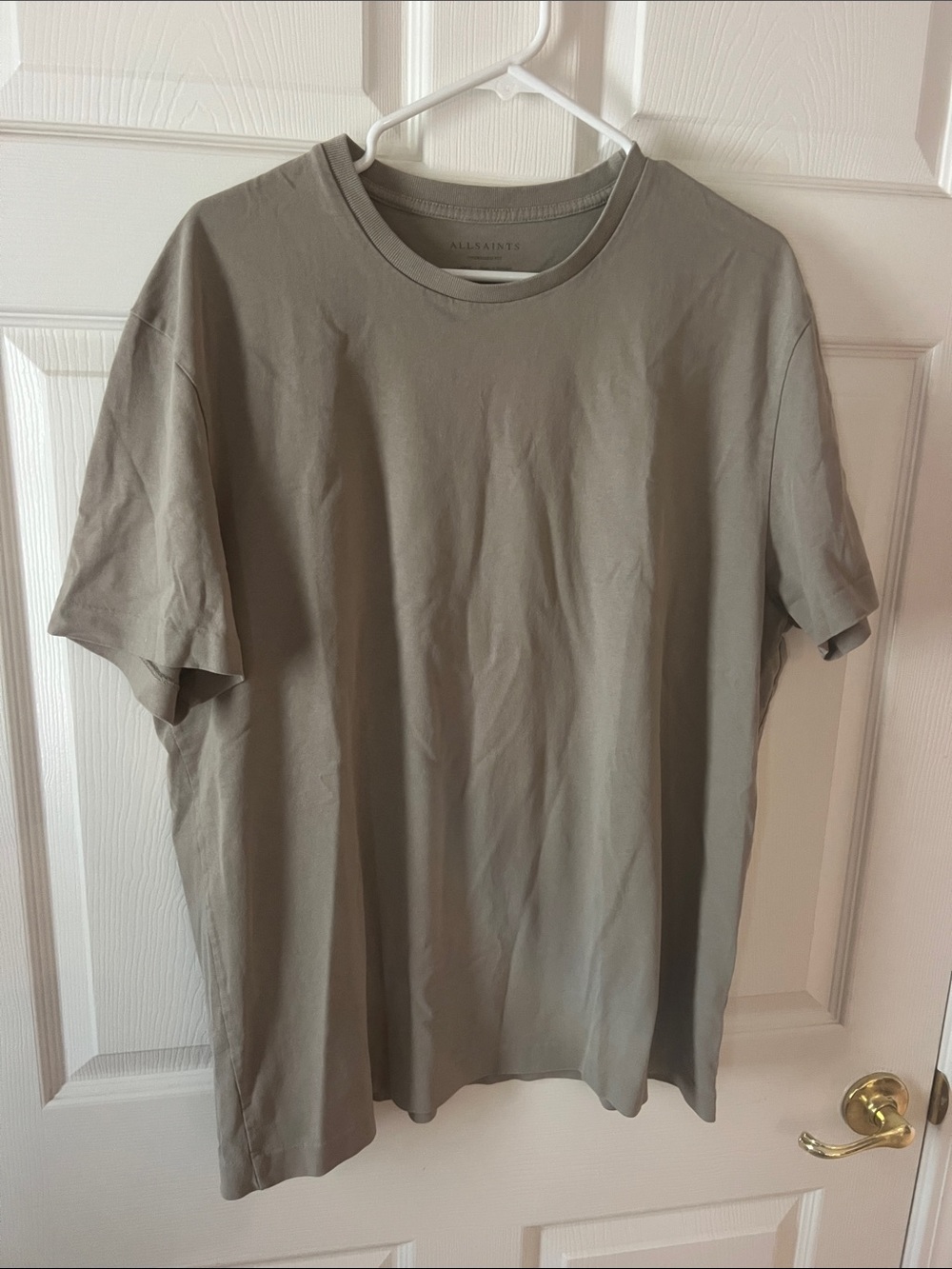 All Saints Short-Sleeve Oversized Fit Crewneck Tee in Tan Olive, Sz Large